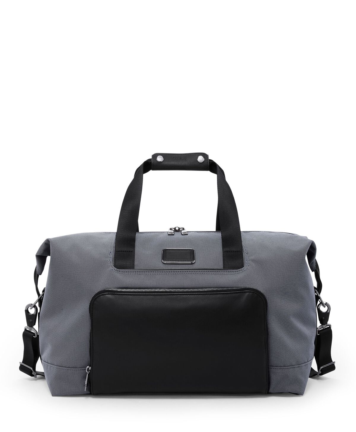 Gray and black duffel bag with handles and a front pocket.