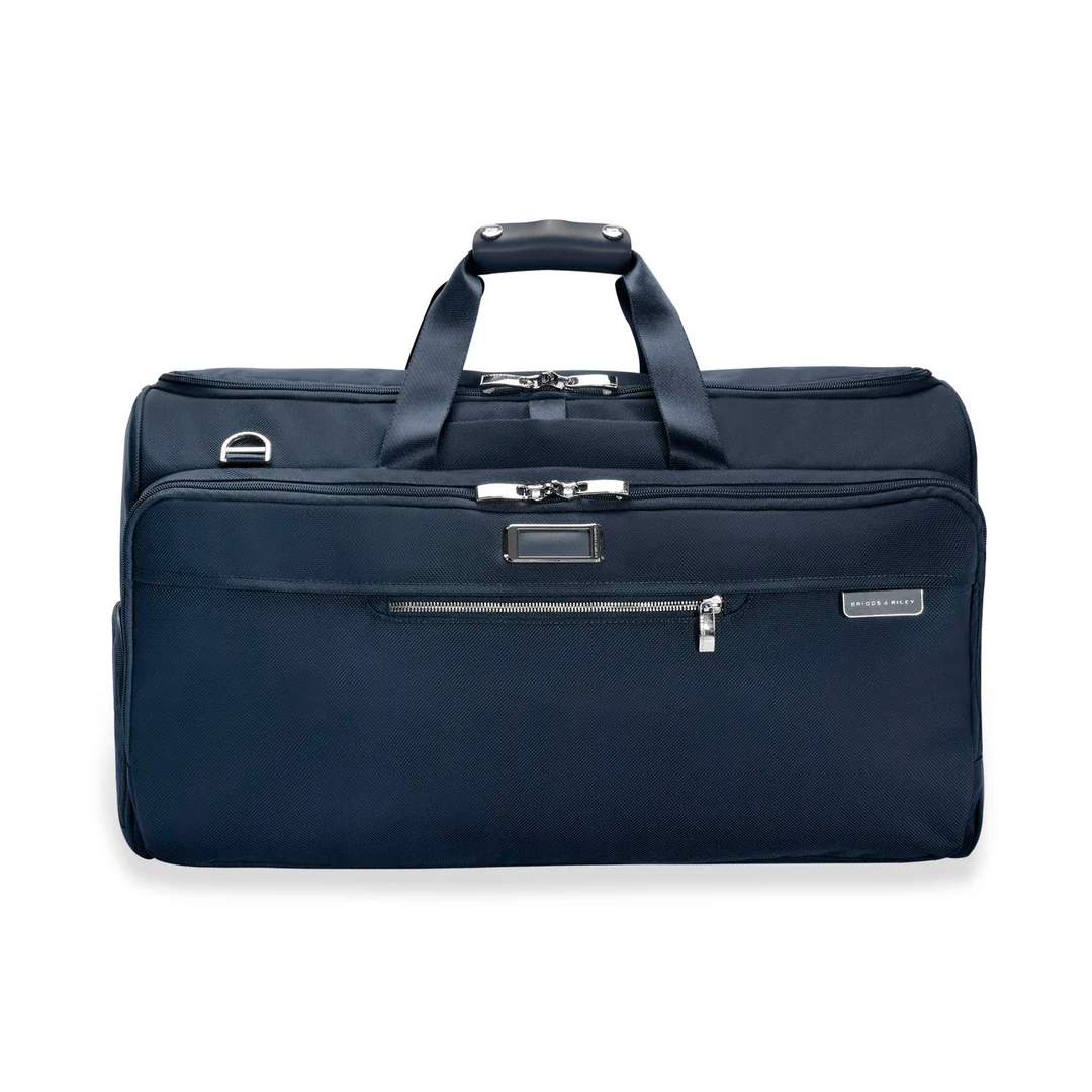 Black travel duffel bag with handles and a front zipper pocket.