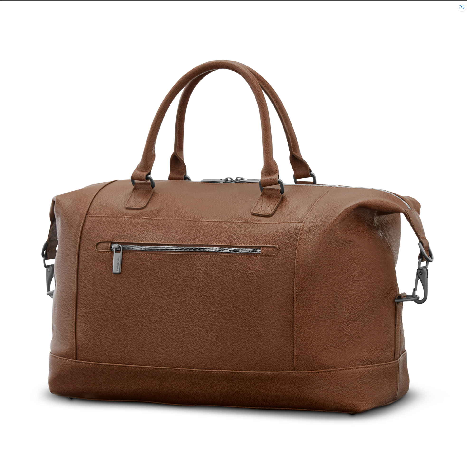 Brown leather duffel bag with handles and a front zipper pocket.
