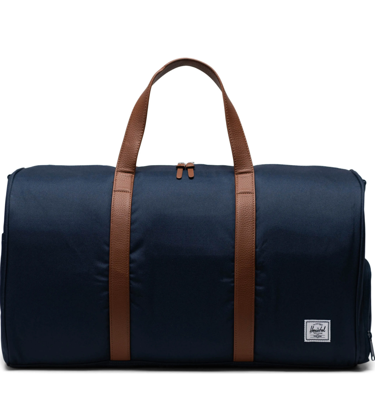 A navy blue duffel bag with brown handles and a small logo patch.
