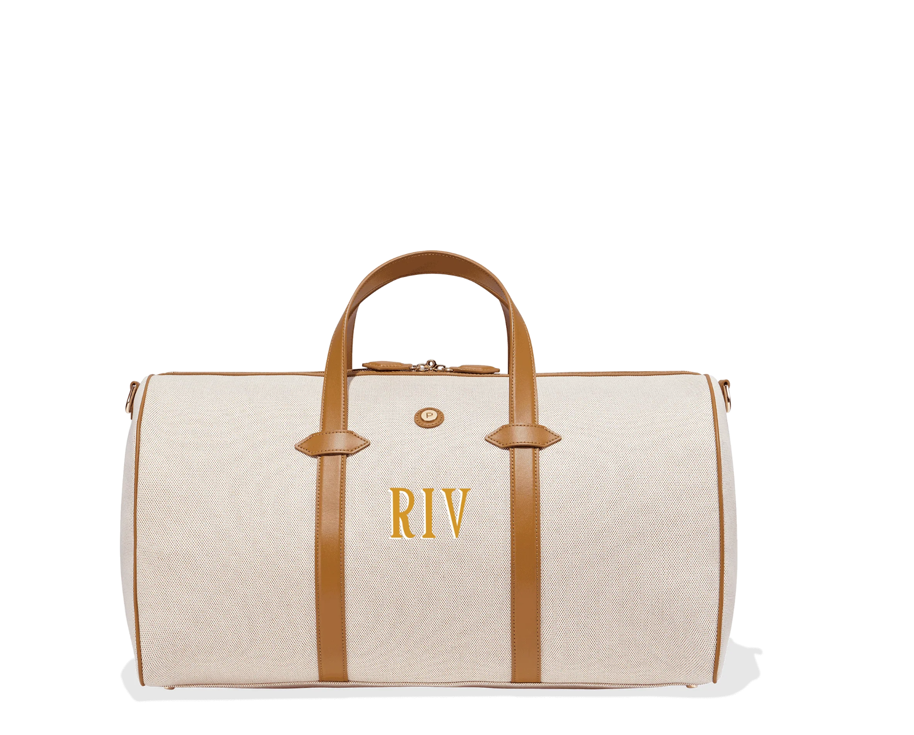Beige duffel bag with brown leather handles and 'RIV' monogram.