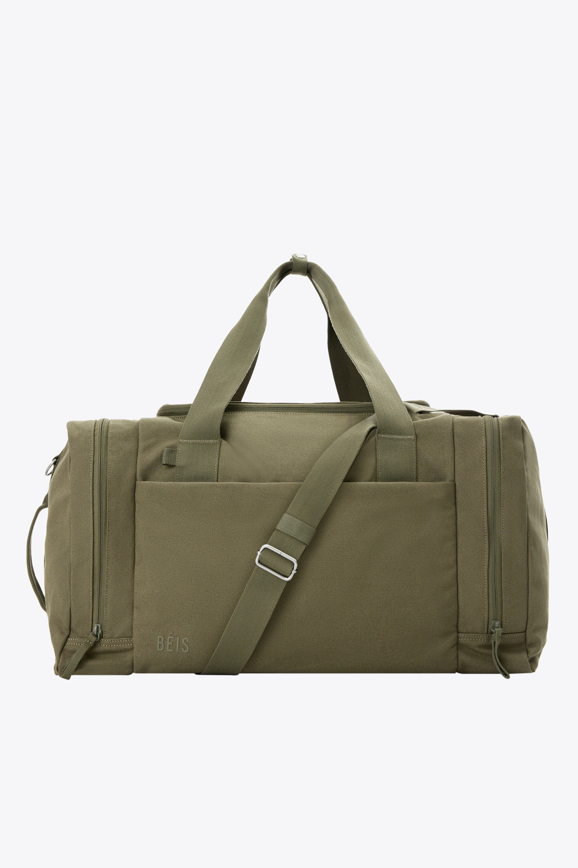 Olive green duffel bag with handles and shoulder strap.