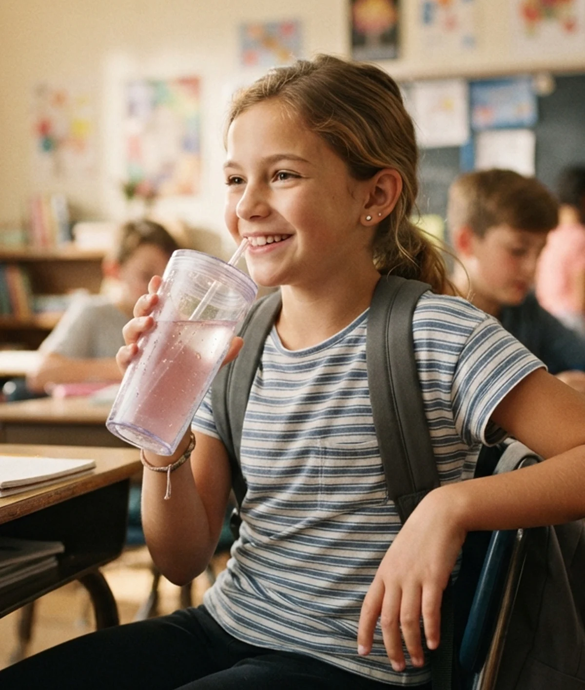 A young girl with a backpack smiles while drinking from a tumbler in a classroom.