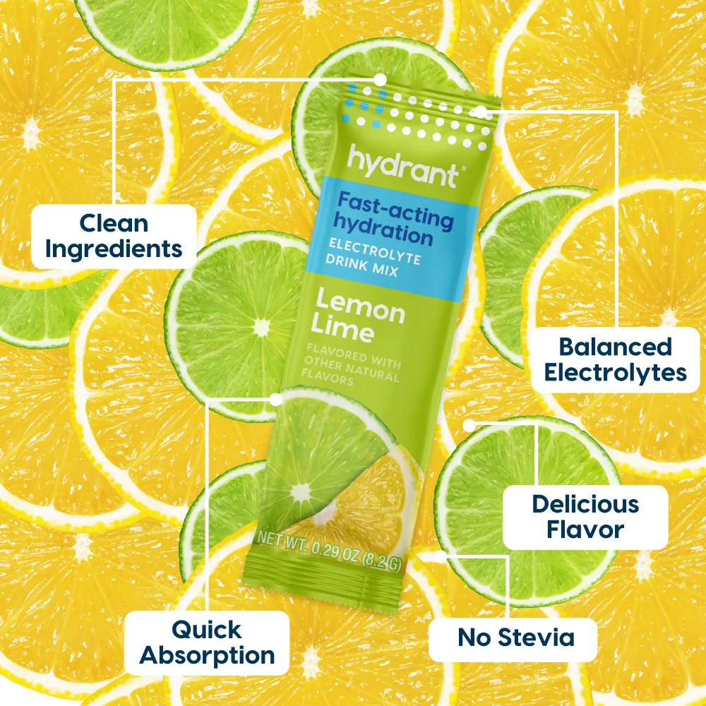 Hydrant Lemon Lime drink mix packet on citrus background with text highlights.