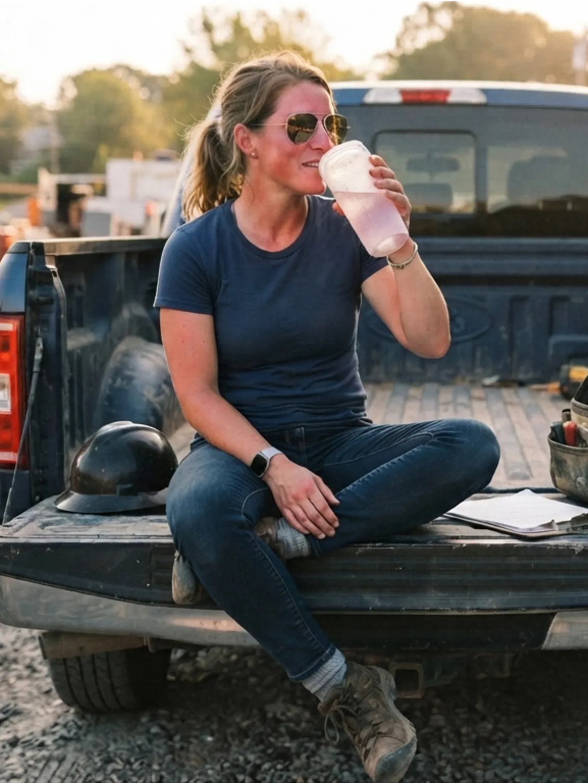 A woman in sunglasses and work boots sits on a truck tailgate, sipping from a cup.