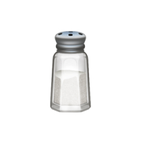 A clear glass salt shaker with a silver metal lid, partially filled with white salt.