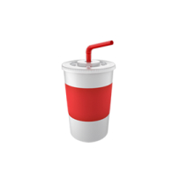 A white disposable cup with a red band, a white lid, and a bent red straw.