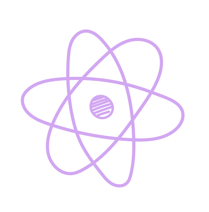 A stylized, light purple line drawing of an atom symbol on a white background.