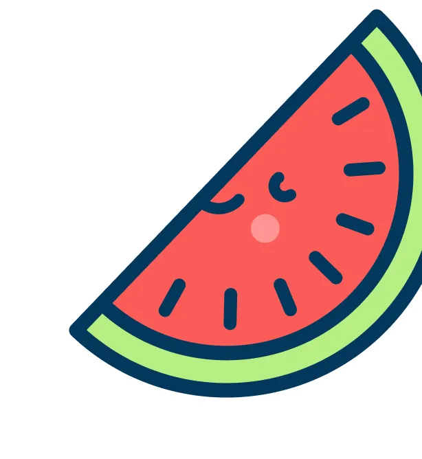 A cartoon illustration of a slice of watermelon with a cute, sleeping face.