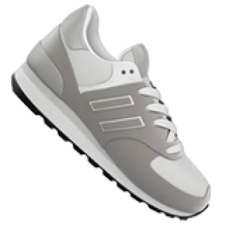 A stylized illustration of a single grey and white athletic shoe against a white background.