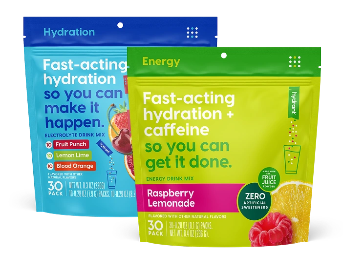 Two pouches of Hydrant brand drink mixes, a blue Hydration pouch and a green Energy + Caffeine pouch.