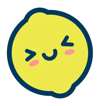 A cartoon illustration of a smiling yellow lemon with squinting eyes and rosy cheeks.