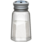 A clear glass salt shaker with a silver-colored perforated lid, partially filled with white salt.