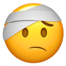 An emoji of a face with a sad expression and a bandage wrapped around its head.