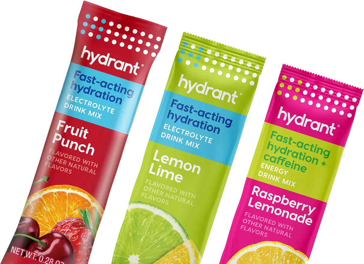 Three colorful packets of Hydrant electrolyte drink mix in Fruit Punch, Lemon Lime, and Raspberry Lemonade flavors.