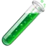 A glass test tube tilted at an angle, filled with a bubbling green liquid.