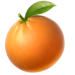A whole orange with a single green leaf attached to its stem.