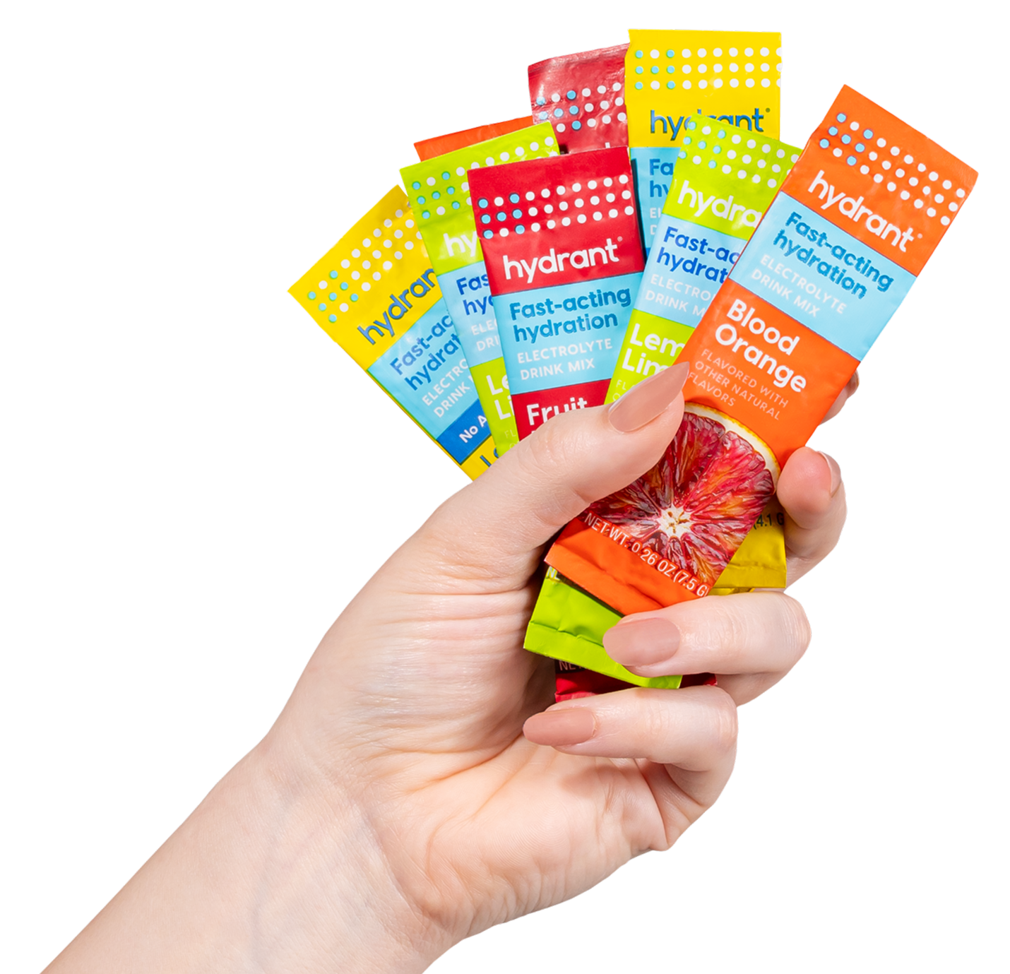 A hand holding a fanned-out assortment of colorful Hydrant fast-acting hydration drink mix packets.