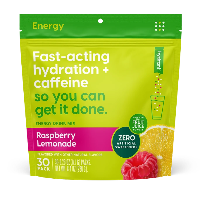 A pouch of Hydrant Raspberry Lemonade energy drink mix with a raspberry and a lemon slice.