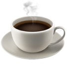 A white cup on a saucer, filled with steaming hot coffee.
