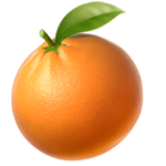 A whole orange with a single green leaf attached to its stem on a white background.