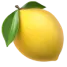 A single yellow lemon with a short stem and two green leaves attached to it.