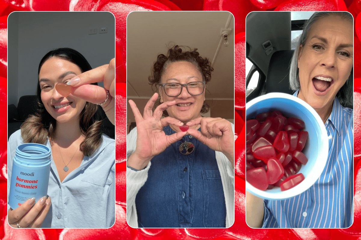Three women holding red gummies in various settings.