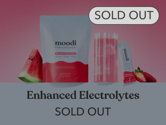 Package with water slice, text 'Enhanced Electrolytes', labeled 'SOLD OUT'.