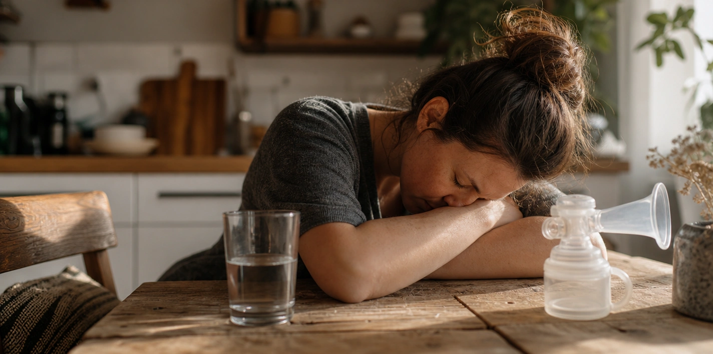 A tired-looking woman rests her head on her arms at a wooden table next to a breast pump.