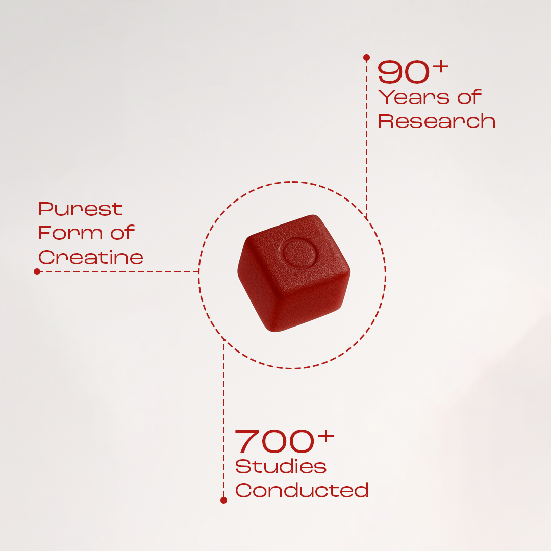 Red cube with text about creatine research and studies.