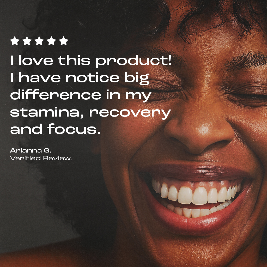 Smiling person with a five-star product review text overlay.