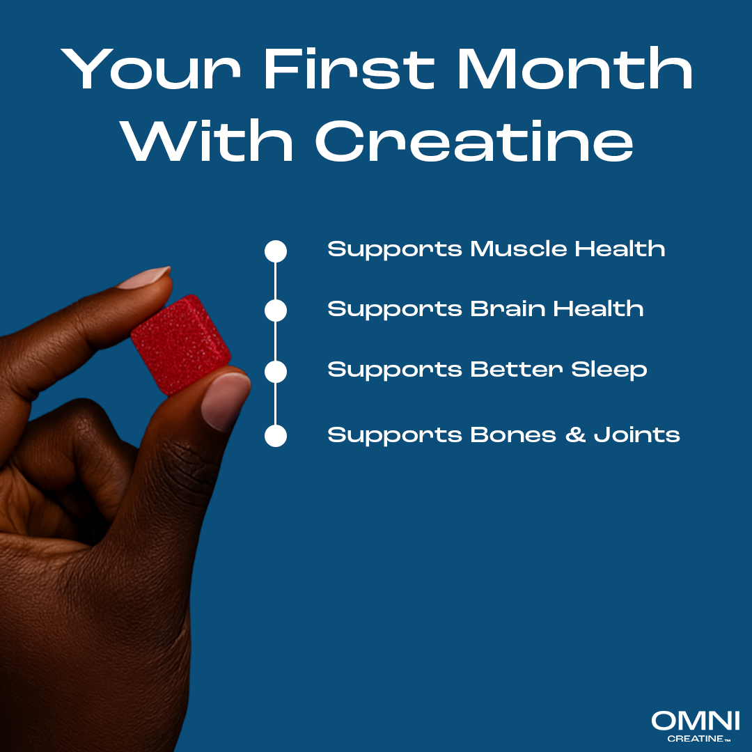 Hand holding a red gummy with text about creatine benefits.