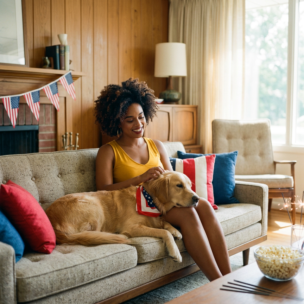 A smiling woman pets her golden retriever, wearing a patriotic bandana, as they sit on a living room couch.