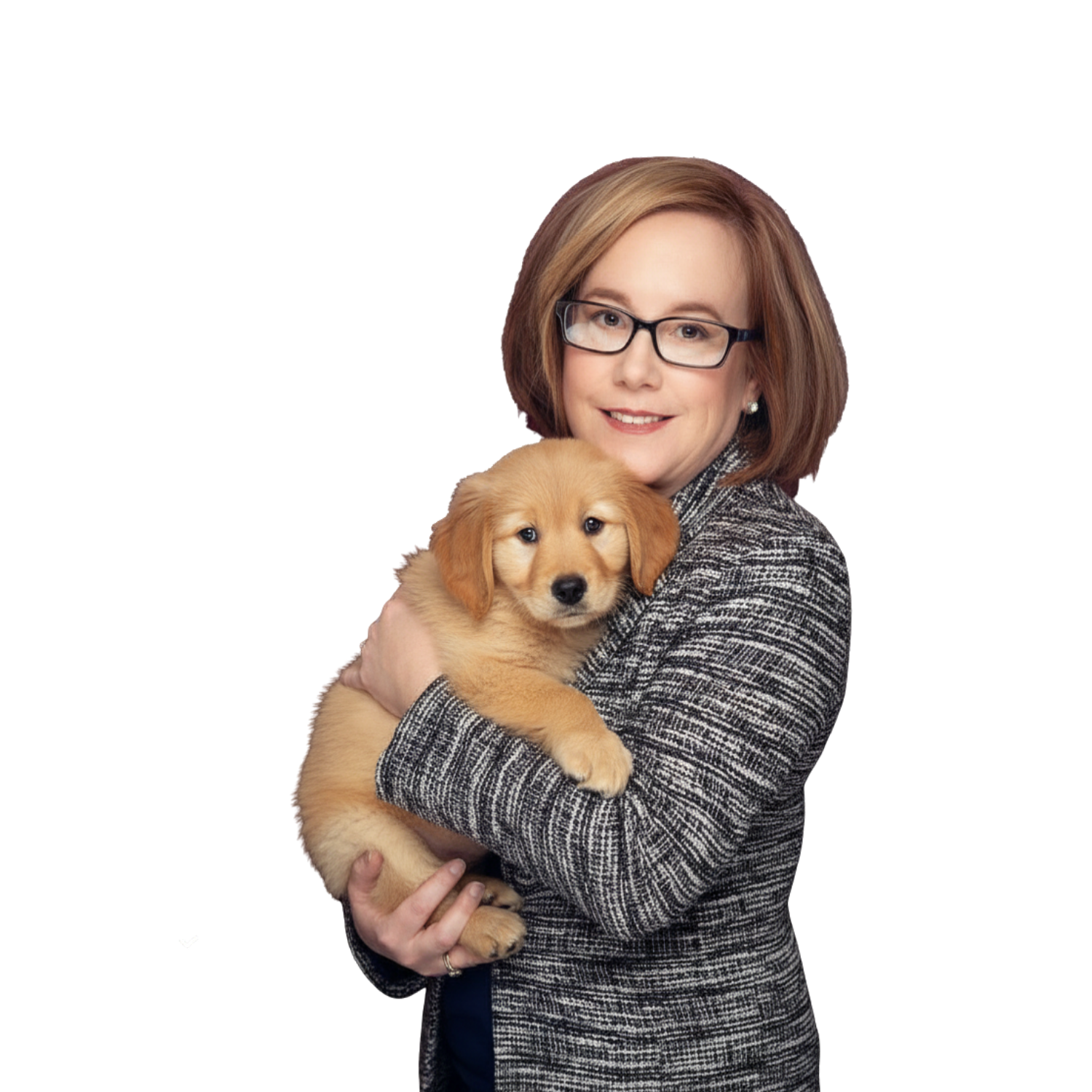 A smiling woman with glasses holds a small, fluffy golden retriever puppy against a white background.