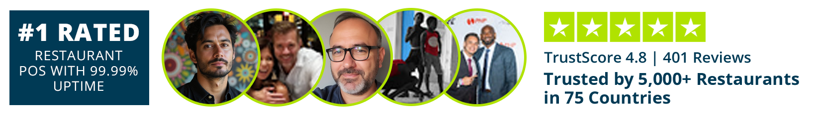 Banner with text about restaurant POS and five circular photos of people.