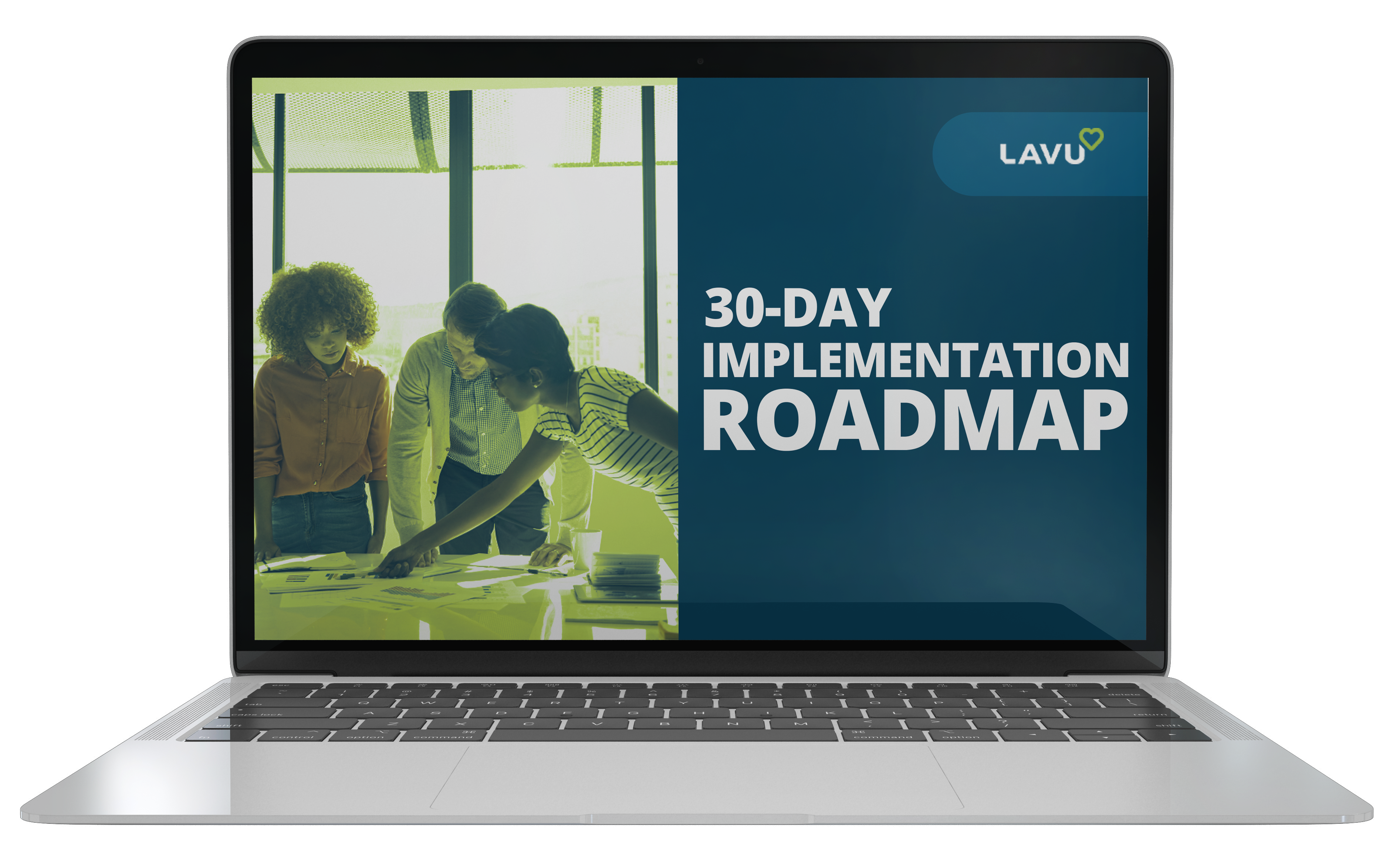 Laptop displaying '30-Day Implementation Roadmap' with people working at a table.