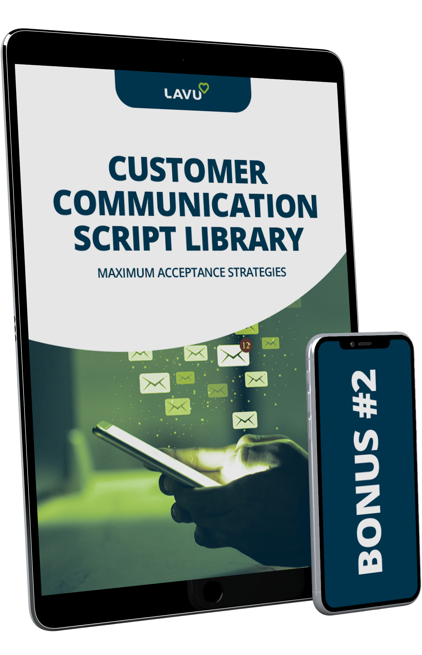 Tablet and phone displaying 'Customer Communication Script Library' cover.