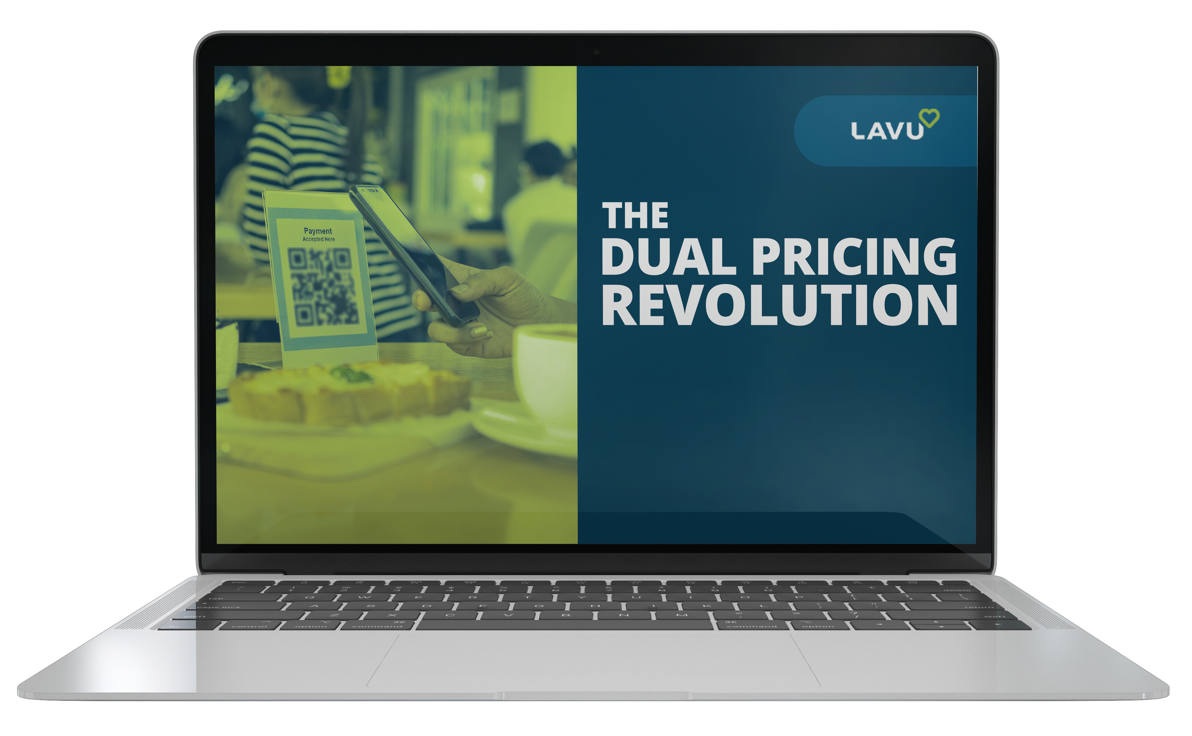 Laptop displaying 'The Dual Pricing Revolution' with a QR code and smartphone.