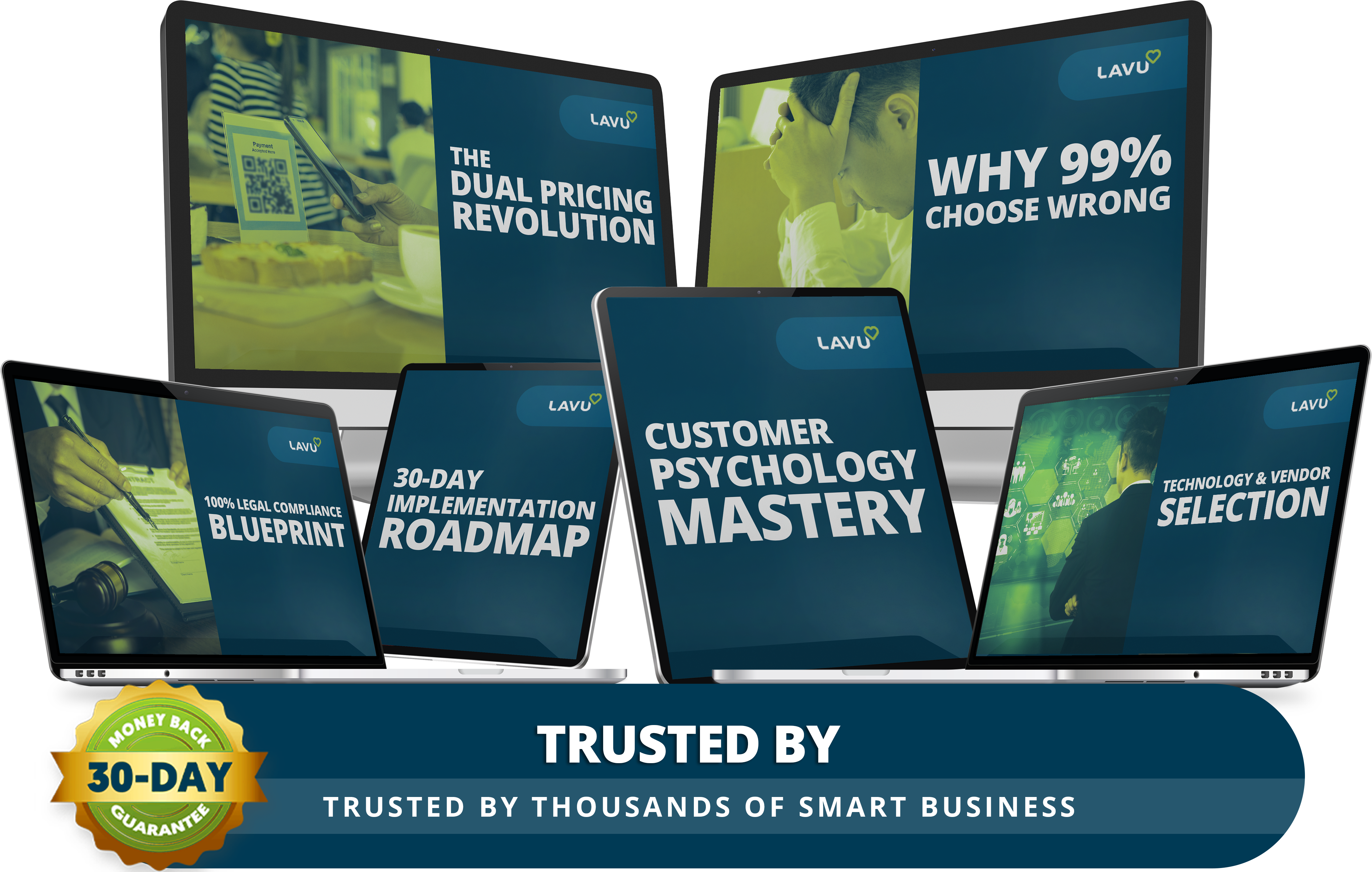 Collage of laptops displaying business-related text and images with a 30-day money-back guarantee badge.