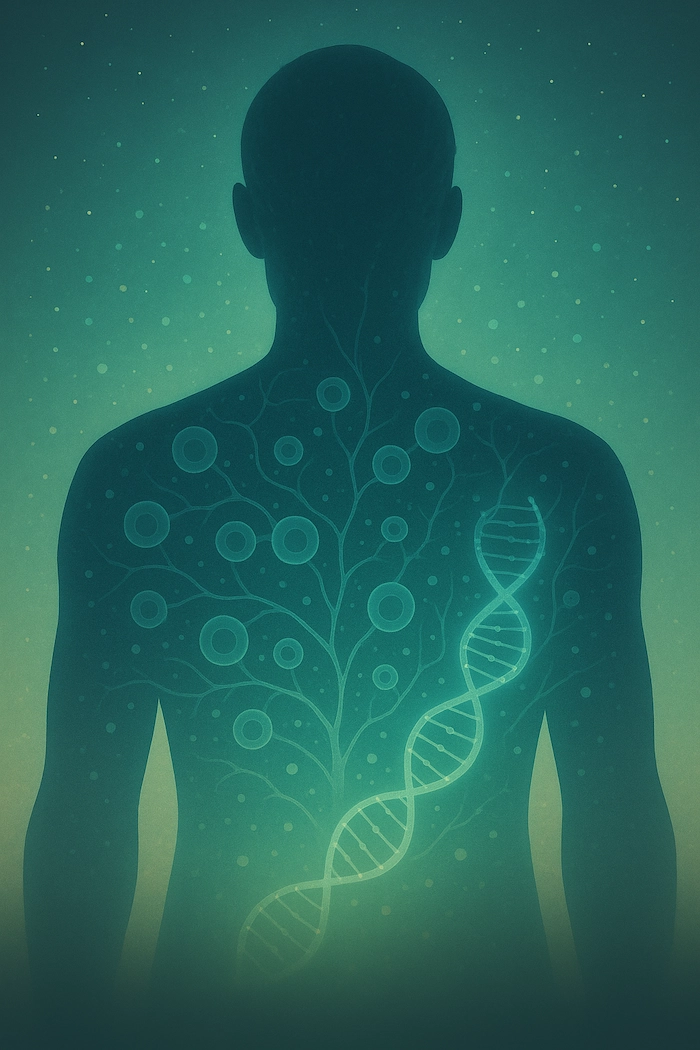 Silhouette with DNA strand and branch-like pattern inside.