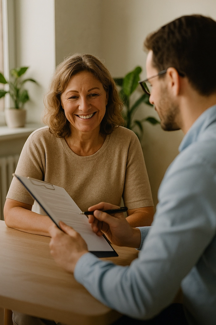 Woman smiling at a man holding a clipboard.