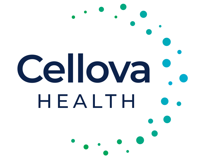 Logo with text 'Cellova Health' and surrounding blue-green dots.