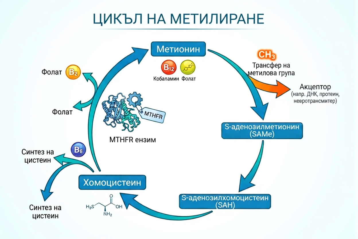 Diagram of the methylation cycle with labeled components and pathways.