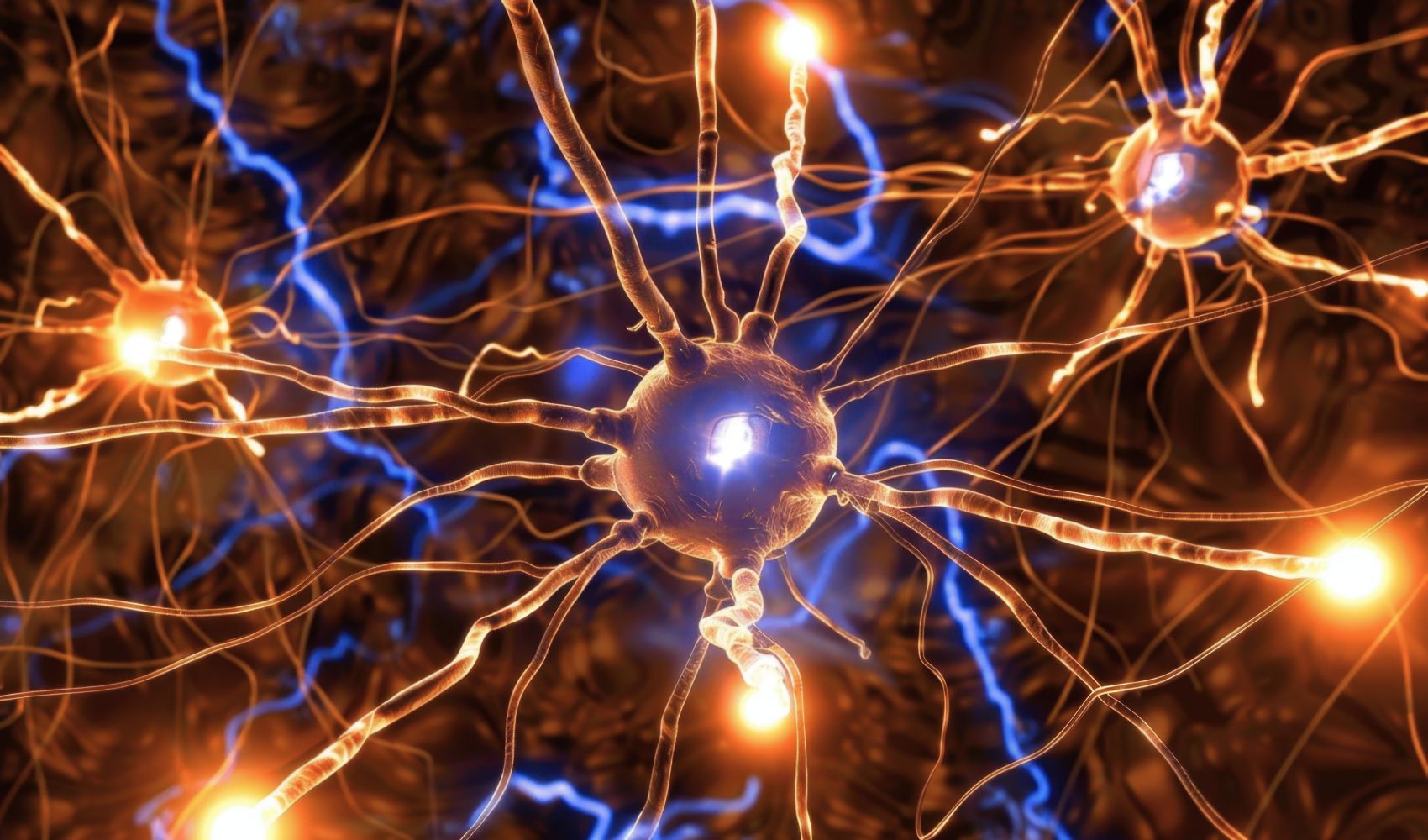 Illustration of glowing neurons with intertwined branches and blue and orange lights.