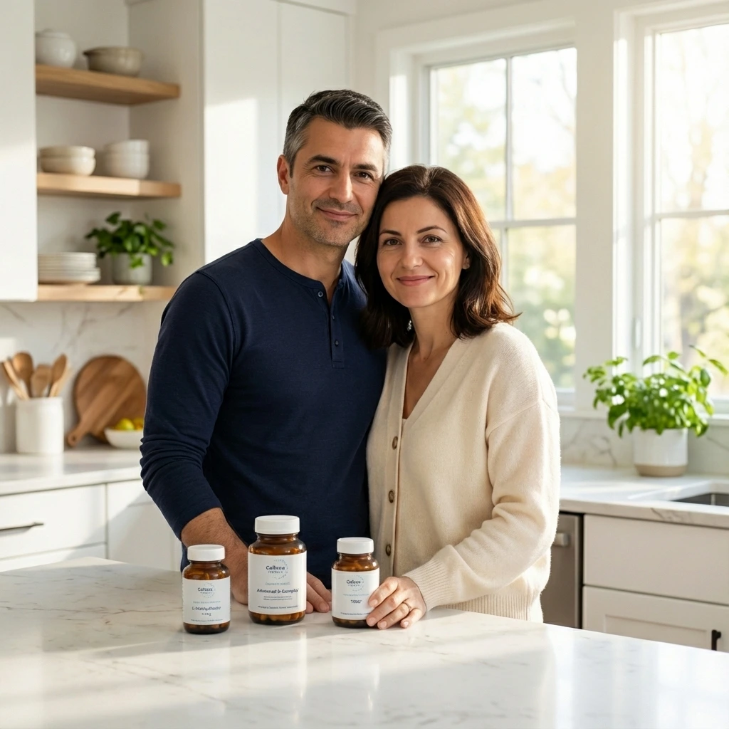 Smiling couple in a kitchen with three supplement bottles on the counter.