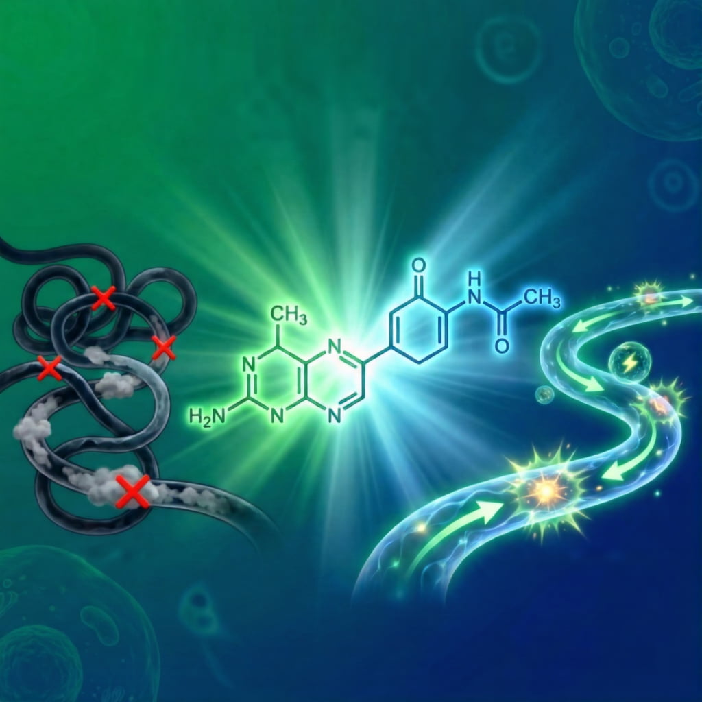 Illustration with a chemical structure, arrows, and abstract DNA strands on a swirling blue-green background.