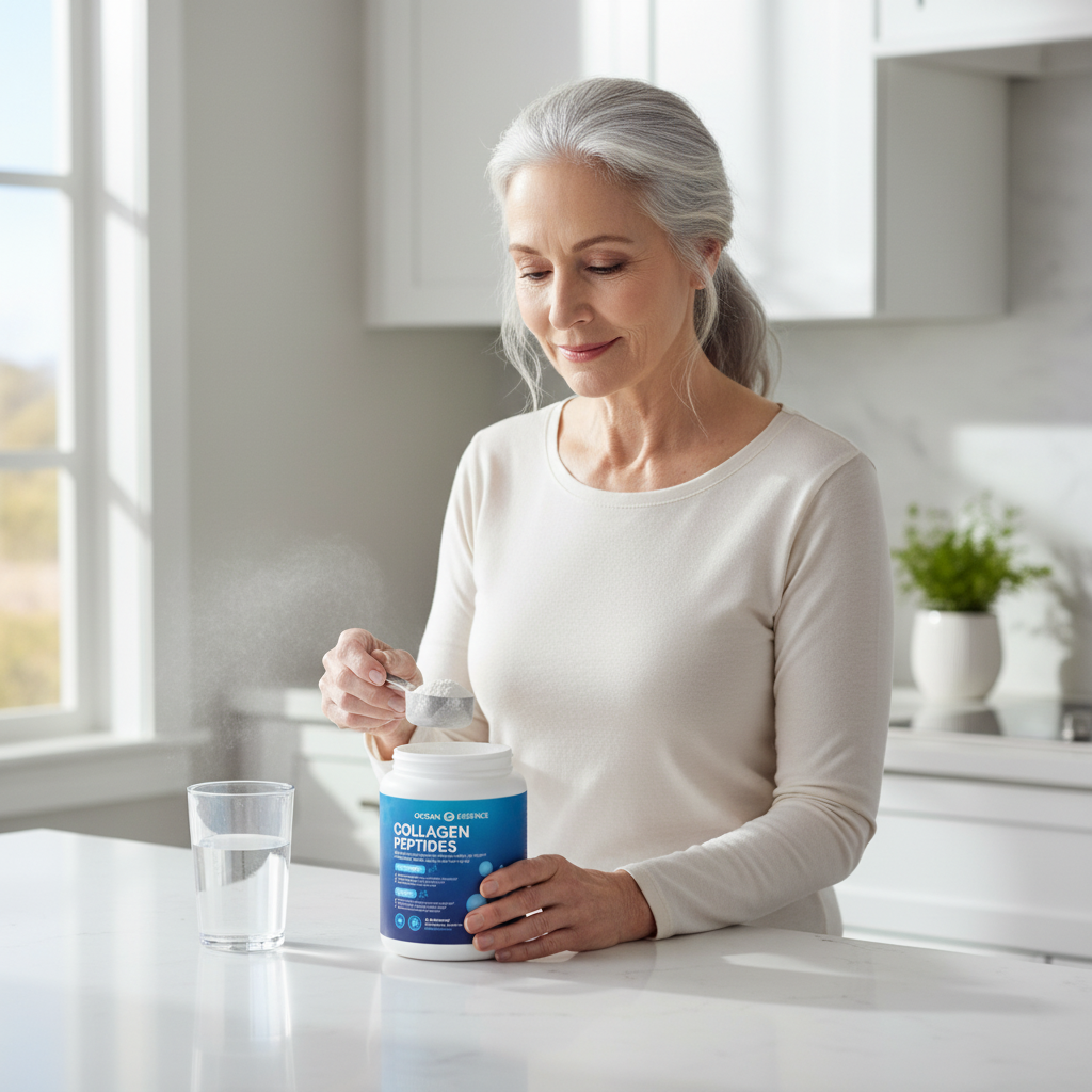 Man holding a pill and a supplement bottle, smiling broadly.