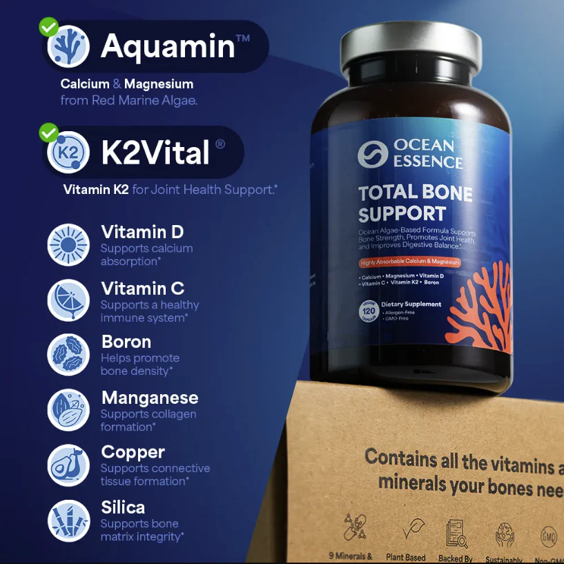 Supplement bottle labeled Total Bone Support with ingredients list and benefits.