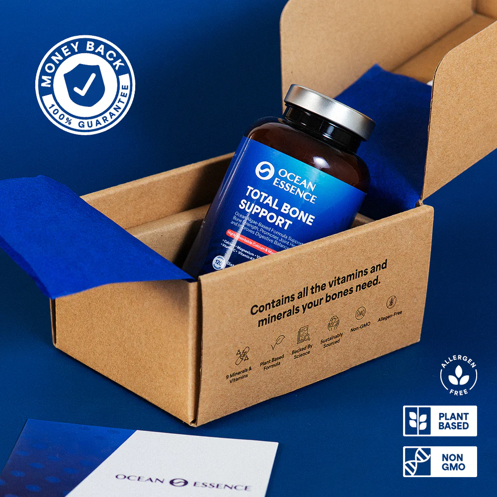 Bottle of supplements in a cardboard box with blue packaging.