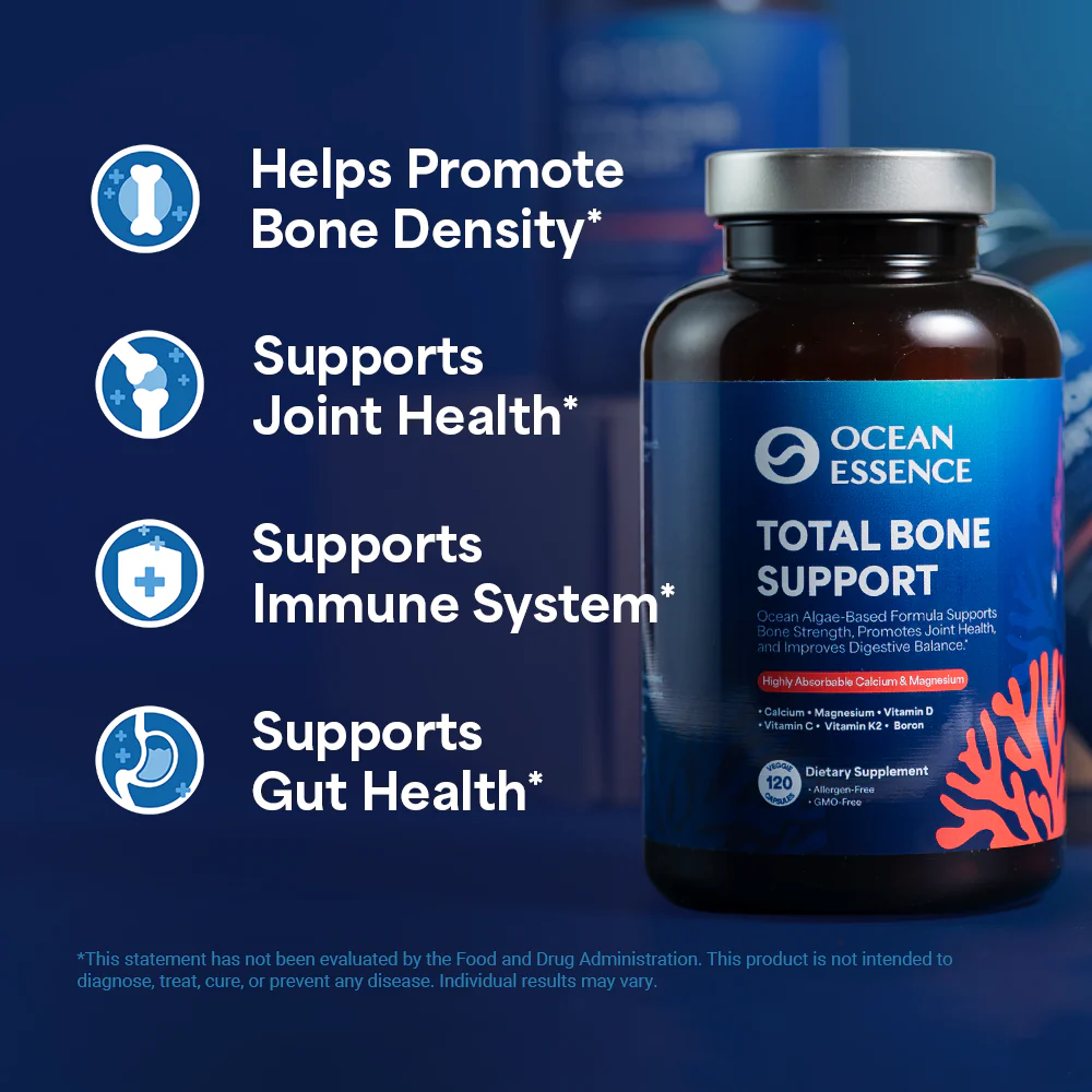 Bottle of Ocean Essence Total Bone Support with health benefits listed.